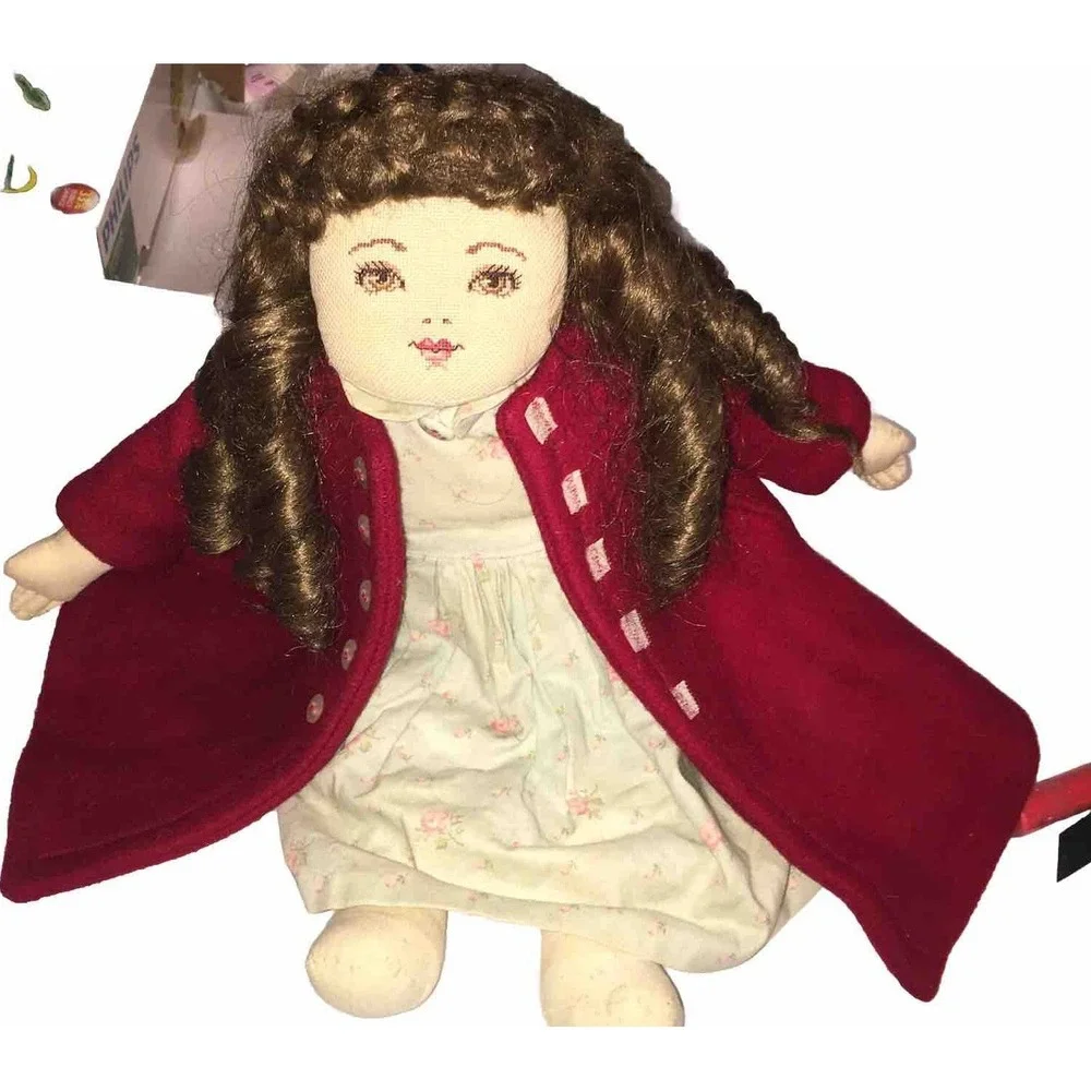 Cloth Doll Red Wool Coat Vintage Handmade Cross Stitched Face